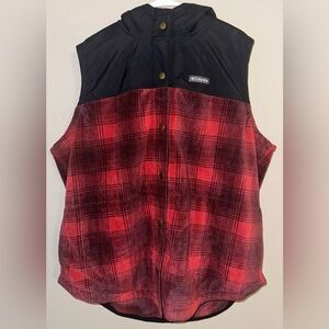 Columbia Women’s Benton Springs Red Buffalo Plaid Fleece Vest Size Large Hooded